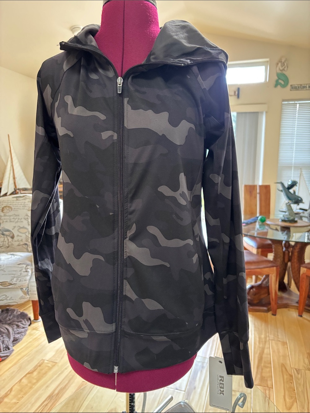RBX Women's Black & Gray Camo Full-Zip Hooded Utility Jacket